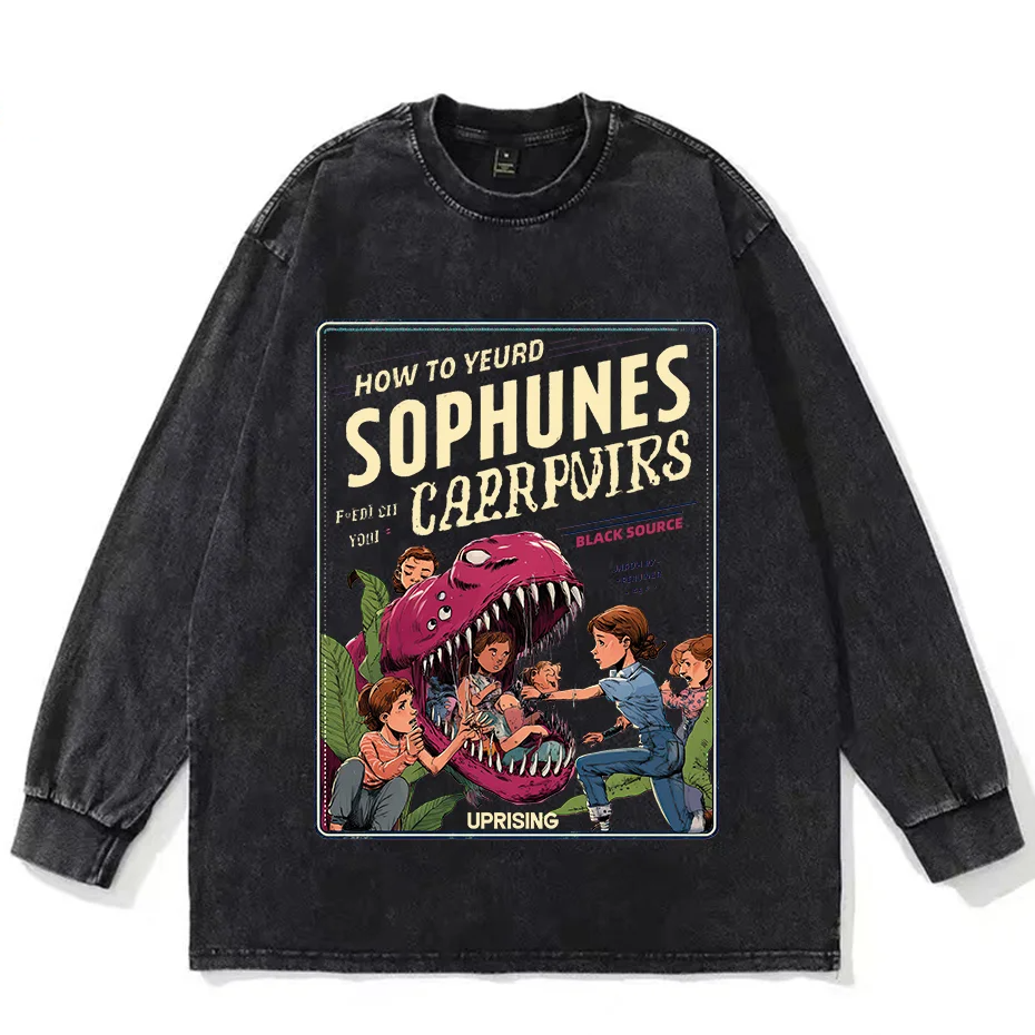 Carnivorous Plant Graphic Washed Tee Men Streetwear Cotton Crewneck