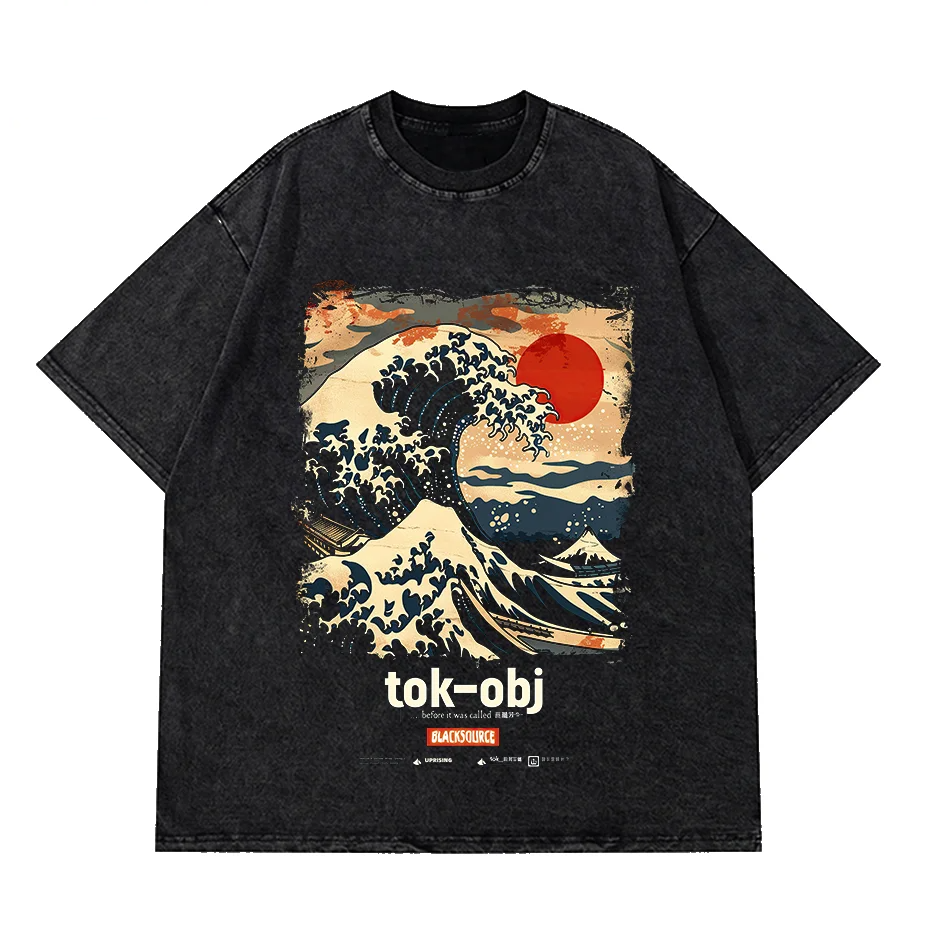 Tokyo Shibuya Wave Graphic T Shirt Men Black Cotton Summer Tee