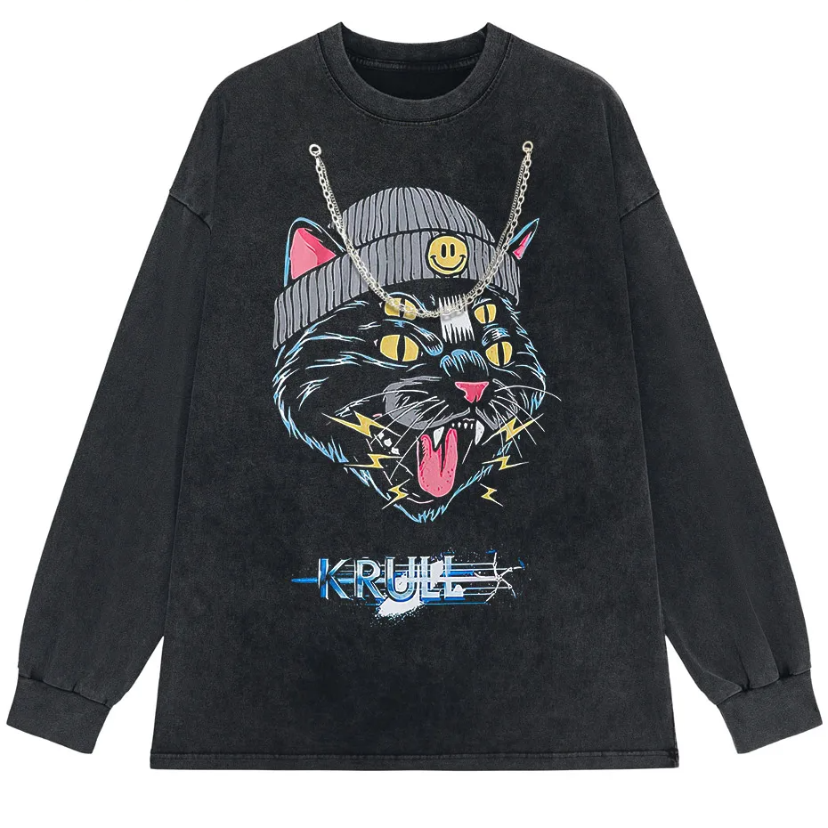 Hip Hop Oversized Cat Graphic T-Shirt Washed Cotton Streetwear Harajuku Tee