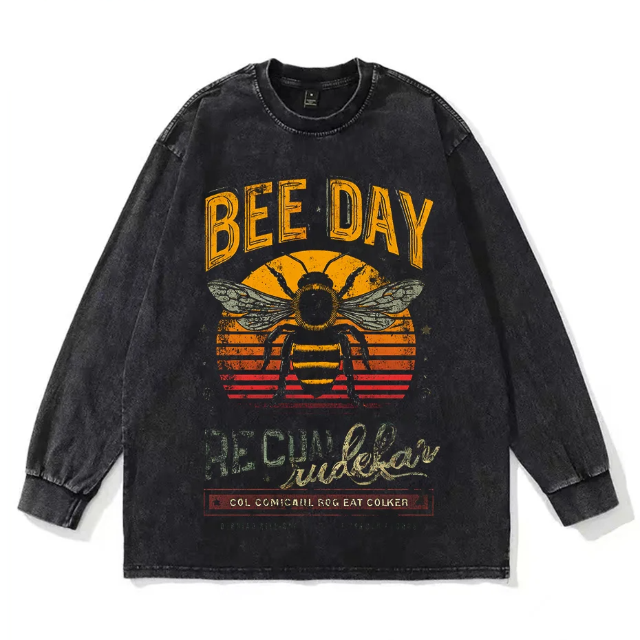 Bees Print Vintage Acid Wash Cotton T-Shirt (Unisex)