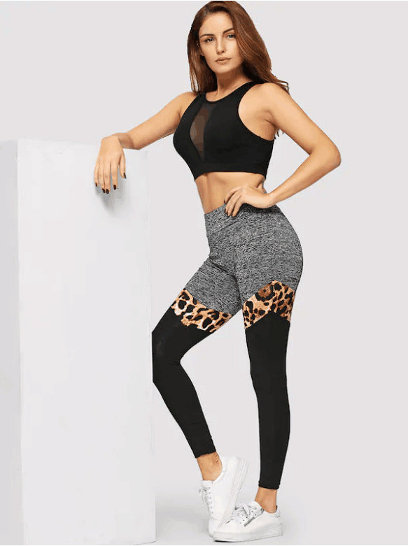 Leopard-print Splicing Stretch Pants High-rise Sports Yoga Pants | Vimost Shop.