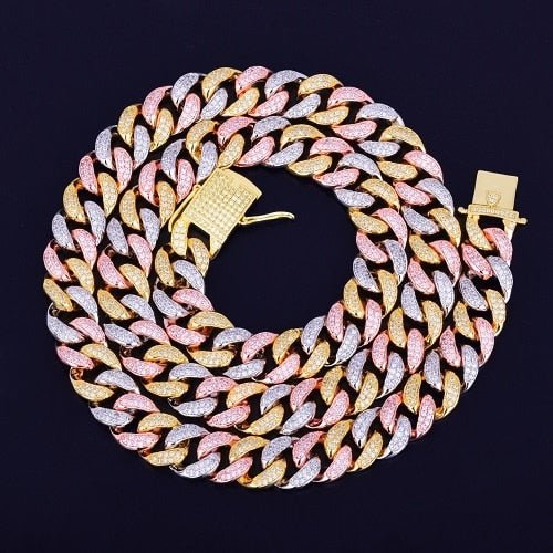 12mm Mixed Color Cuban Necklace Chain Hip hop Jewelry Copper Material CZ Clasp Mens Necklace Link 16-28inch - Vimost Shop