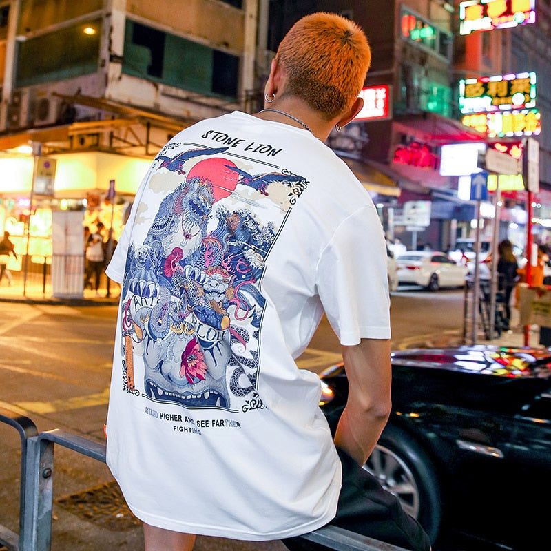 Harajuku T Shirt Men Hip Hop T-Shirt Stone Lion Chinese Streetwear Summer Tshirts Short Sleeve Cotton Tops Tees Hipster New | Vimost Shop.