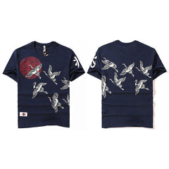 Japanese Streetwear T Shirt Crane Sun Print Mens Harajuku T-Shirt Summer Hip Hop Tshirt Cotton Short Sleeve Tops Tees Black