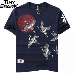 Japanese Streetwear T Shirt Crane Sun Print Mens Harajuku T-Shirt Summer Hip Hop Tshirt Cotton Short Sleeve Tops Tees Black