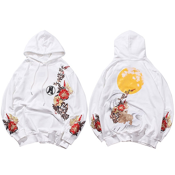 Hip Hop Hoodie Sweatshirt Embroidered Floral Full Moon Rabbit Harajuku Streetwear Hoodie Pullover Cotton Autumn Hipster | Vimost Shop.