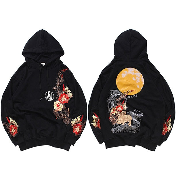 Hip Hop Hoodie Sweatshirt Embroidered Floral Full Moon Rabbit Harajuku Streetwear Hoodie Pullover Cotton Autumn Hipster | Vimost Shop.