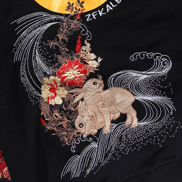 Hip Hop Hoodie Sweatshirt Embroidered Floral Full Moon Rabbit Harajuku Streetwear Hoodie Pullover Cotton Autumn Hipster | Vimost Shop.