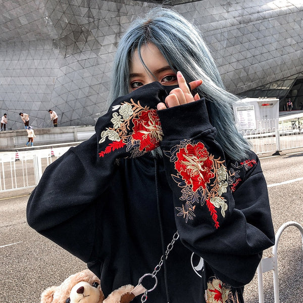 Hip Hop Hoodie Sweatshirt Embroidered Floral Full Moon Rabbit Harajuku Streetwear Hoodie Pullover Cotton Autumn Hipster | Vimost Shop.