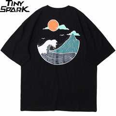 Great Wave T Shirts Hip Hop Mens Streetwear Harajuku Japanse Wave Tshirt Summer Short Sleeve T-Shirt Cotton Tops Tees Black