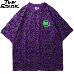 Hip Hop Streetwear Oversize T Shirt Leopard Print Harajuku Tshirt Summer Short Sleeve Tops Tee Cotton Purple Loose T-Shirt