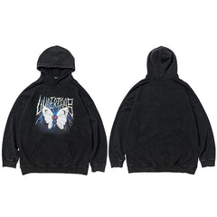 Men Hip Hop Hoodie Sweatshirt Lightning Butterfly Streetwear Hoodie Retro Vintage Washed Black Hooded Pullover Harajuku
