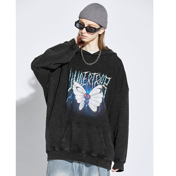 Men Hip Hop Hoodie Sweatshirt Lightning Butterfly Streetwear Hoodie Retro Vintage Washed Black Hooded Pullover Harajuku | Vimost Shop.