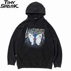 Men Hip Hop Hoodie Sweatshirt Lightning Butterfly Streetwear Hoodie Retro Vintage Washed Black Hooded Pullover Harajuku