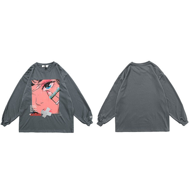Men Hip Hop Oversized T Shirt Long Sleeve Streetwear Japanese Anime Girl Tshirt Harajuku Cartoon Tops Tees Cotton Loose | Vimost Shop.