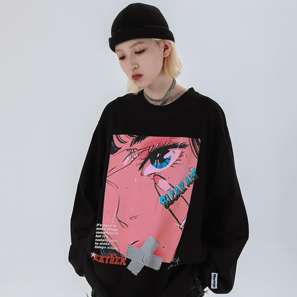 Men Hip Hop Oversized T Shirt Long Sleeve Streetwear Japanese Anime Girl Tshirt Harajuku Cartoon Tops Tees Cotton Loose | Vimost Shop.