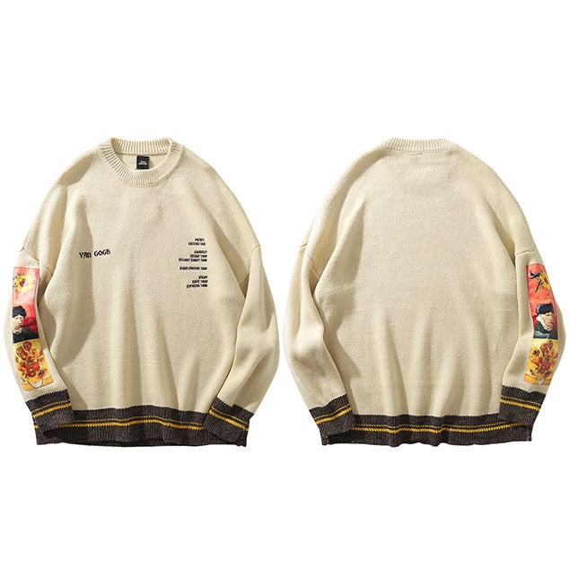 Men Hip Hop Sweater Pullover Streetwear Van Gogh Painting Embroidery Knitted Sweater Retro Vintage Autumn Sweaters Cotton | Vimost Shop.