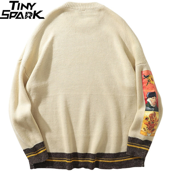 Men Hip Hop Sweater Pullover Streetwear Van Gogh Painting Embroidery Knitted Sweater Retro Vintage Autumn Sweaters Cotton | Vimost Shop.