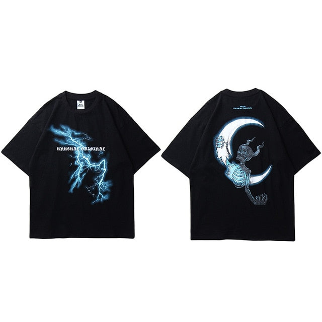 Men Hip Hop T Shirt Lightning Skull Moon Streetwear T-Shirt Oversize Hiphop Loose Tshirts Summer Short Sleeve Tees Cotton | Vimost Shop.