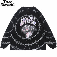 Men Hip Hop T Shirt Streetwear Angry Dog Print Harajuku Tshirt Loose HipHop Oversize T-shirt Long Sleeve Tops Tees Cotton