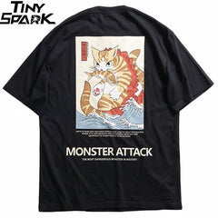 Men Hip Hop T Shirt Streetwear Monster Cat T-Shirts Harajuku Japan Style Funny Tshirt Summer Short Sleeve Cotton Tops Tees