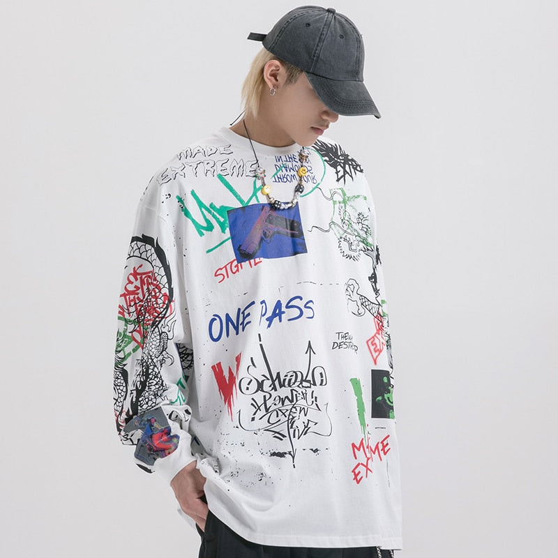 Men Streetwear Hip Hop Graffiti T Shirt Long Sleeve Harajuku Tshirt Oversized Autumn Loose T-shirt Cotton Causal Tops Tees | Vimost Shop.