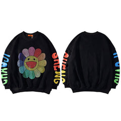 Mens Hip Hop Sweatshirt Pullover Rainbow Smiling Sunflower Streetwear Harajuku Pullover Cotton Hoodie Sweat Shirt Loose