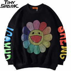 Mens Hip Hop Sweatshirt Pullover Rainbow Smiling Sunflower Streetwear Harajuku Pullover Cotton Hoodie Sweat Shirt Loose
