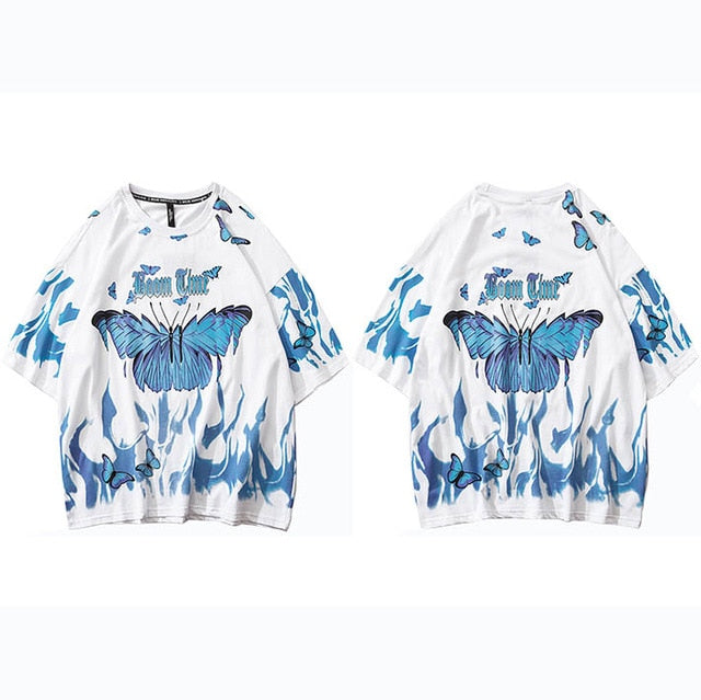 Mens Hip Hop T Shirts Blue Fire Flame Butterfly Streetwear Tshirt Harajuku Summer Short Sleeve T-Shirt Cotton Tops Tees | Vimost Shop.