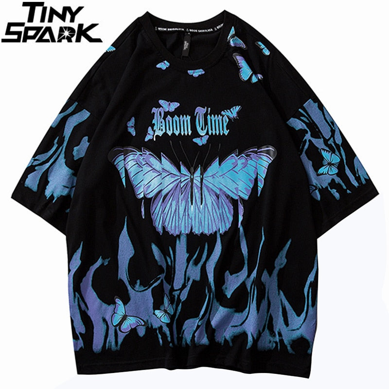 Mens Hip Hop T Shirts Blue Fire Flame Butterfly Streetwear Tshirt Harajuku Summer Short Sleeve T-Shirt Cotton Tops Tees | Vimost Shop.