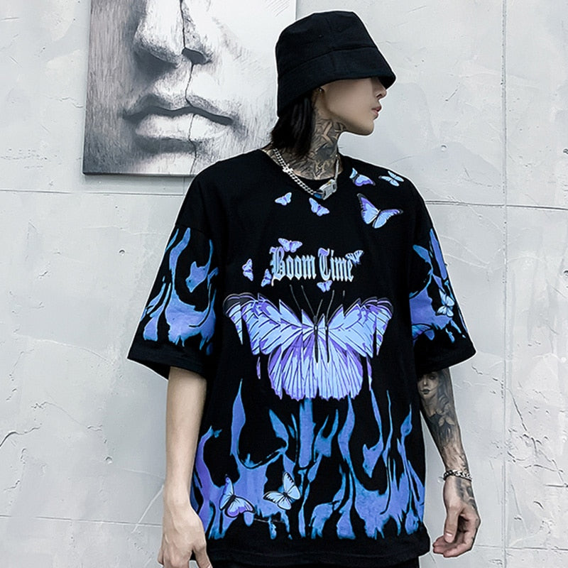 Mens Hip Hop T Shirts Blue Fire Flame Butterfly Streetwear Tshirt Harajuku Summer Short Sleeve T-Shirt Cotton Tops Tees | Vimost Shop.