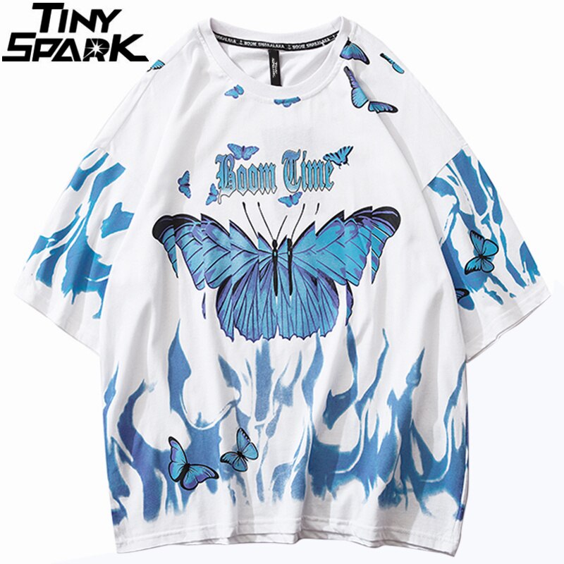 Mens Hip Hop T Shirts Blue Fire Flame Butterfly Streetwear Tshirt Harajuku Summer Short Sleeve T-Shirt Cotton Tops Tees | Vimost Shop.