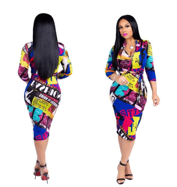 Women Autumn Winter Sexy V Neck Long Sleeve Slim Elastic printing Dress | Vimost Shop.