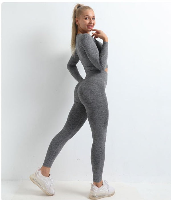 Autumn Seamless Yoga Set Women Gym Clothes Solid Long Sleeve Crop Top Leggings Tracksuit Workout Push Up Sports Fitness 2 Piece | Vimost Shop.