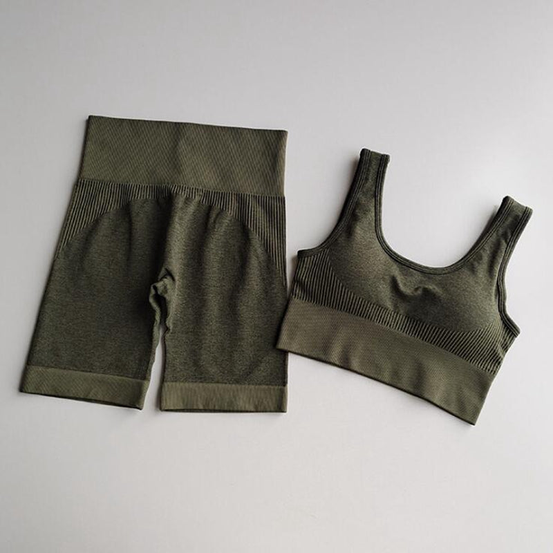 Seamless Striped Yoga Set Tracksuit For Women Slim Bra Top And Hips Lifting Shorts Casual Training Sexy Fitness Clothing 2 Piece | Vimost Shop.