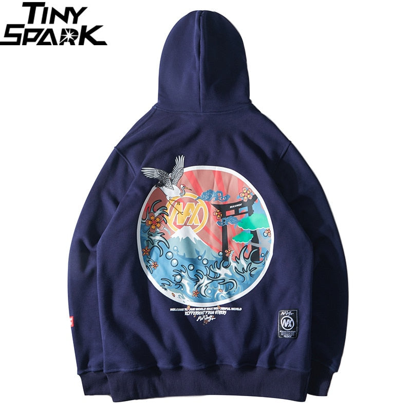 Harajuku Japanese Embroidered Cranes Fleece Velvet Hoodie Streetwear Men Hip Hop Pullover Sweatshirts Winter Hoodie Thicken | Vimost Shop.