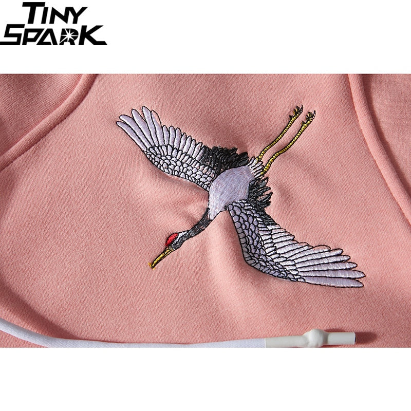 Harajuku Japanese Embroidered Cranes Fleece Velvet Hoodie Streetwear Men Hip Hop Pullover Sweatshirts Winter Hoodie Thicken | Vimost Shop.