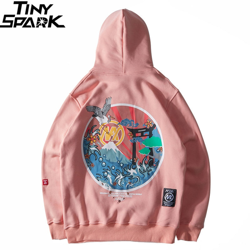 Harajuku Japanese Embroidered Cranes Fleece Velvet Hoodie Streetwear Men Hip Hop Pullover Sweatshirts Winter Hoodie Thicken | Vimost Shop.