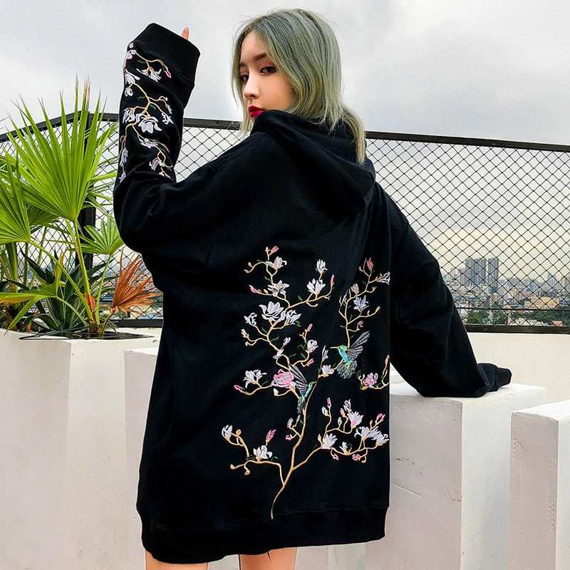 Hip Hop Hoodie Sweatshirt Embroidered Bird Floral Mens Streetwear Harajuku Hoodies Pullover Loose Cotton Sweat Shirt Autumn | Vimost Shop.