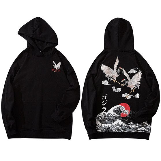 Hip Hop Hoodie Sweatshirt Men Streetwear Harajuku Japanese Kanji Crane Embroidery Hoodies Pullover Oversized Cotton Autumn | Vimost Shop.