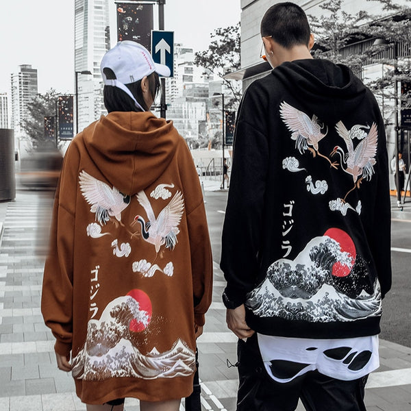 Hip Hop Hoodie Sweatshirt Men Streetwear Harajuku Japanese Kanji Crane Embroidery Hoodies Pullover Oversized Cotton Autumn | Vimost Shop.