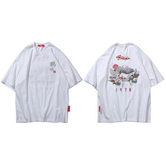 Hip Hop T Shirt Men  Harajuku Embroidery Crane T-Shirt Streetwear Japanese Style Fashion Kanji Tshirt Casual Tops Tees Black