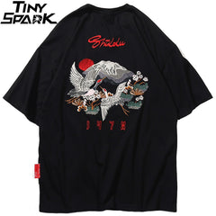 Hip Hop T Shirt Men  Harajuku Embroidery Crane T-Shirt Streetwear Japanese Style Fashion Kanji Tshirt Casual Tops Tees Black