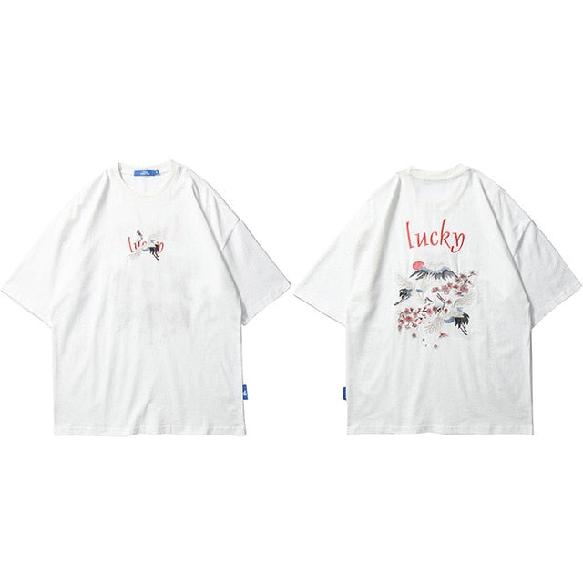 Hip Hop T Shirt Men Japanese Streetwear Embroidery Crane Sakura Lucky T-Shirt Japan Style Harajuku Tshirt Cotton Tops Tees | Vimost Shop.