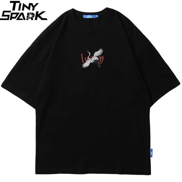 Hip Hop T Shirt Men Japanese Streetwear Embroidery Crane Sakura Lucky T-Shirt Japan Style Harajuku Tshirt Cotton Tops Tees | Vimost Shop.