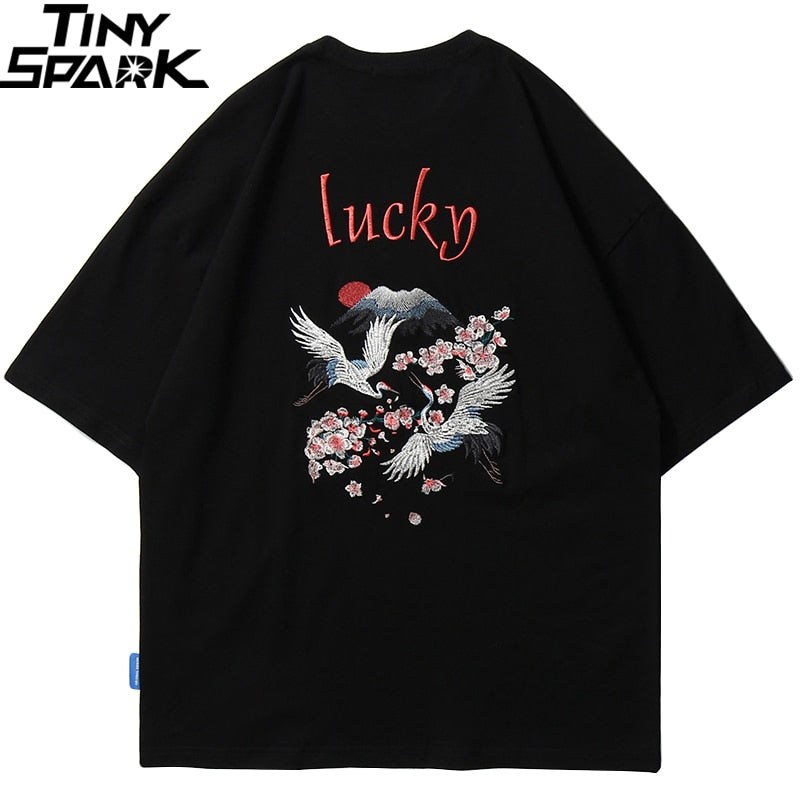 Hip Hop T Shirt Men Japanese Streetwear Embroidery Crane Sakura Lucky T-Shirt Japan Style Harajuku Tshirt Cotton Tops Tees | Vimost Shop.