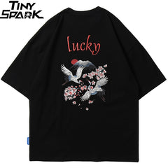 Hip Hop T Shirt Men Japanese Streetwear Embroidery Crane Sakura Lucky T-Shirt Japan Style Harajuku Tshirt Cotton Tops Tees