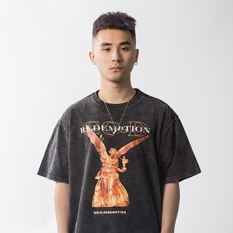 Hip Hop T Shirt Men Streetwear Harajuku Washed Tshirt Reddemption Angel Summer Short Sleeve T-Shirt Cotton Fashion Tops Tee | Vimost Shop.