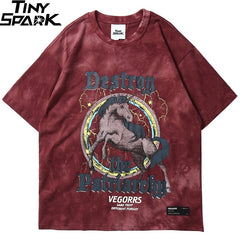 Hip Hop T Shirt Men Streetwear Print Wild Horse Tshirt Harajuku Summer Tops Tees Short Sleeve Cotton Loose T-Shirt Tie Dye