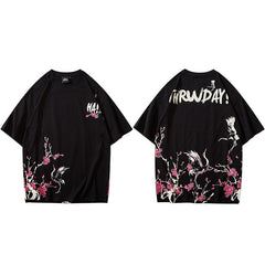 Japanese Sakura T Shirt Hip Hop Streetwear Men Harajuku Crane Tshirt Short Sleeve Summer Fashion Casual T-Shirt Cotton New